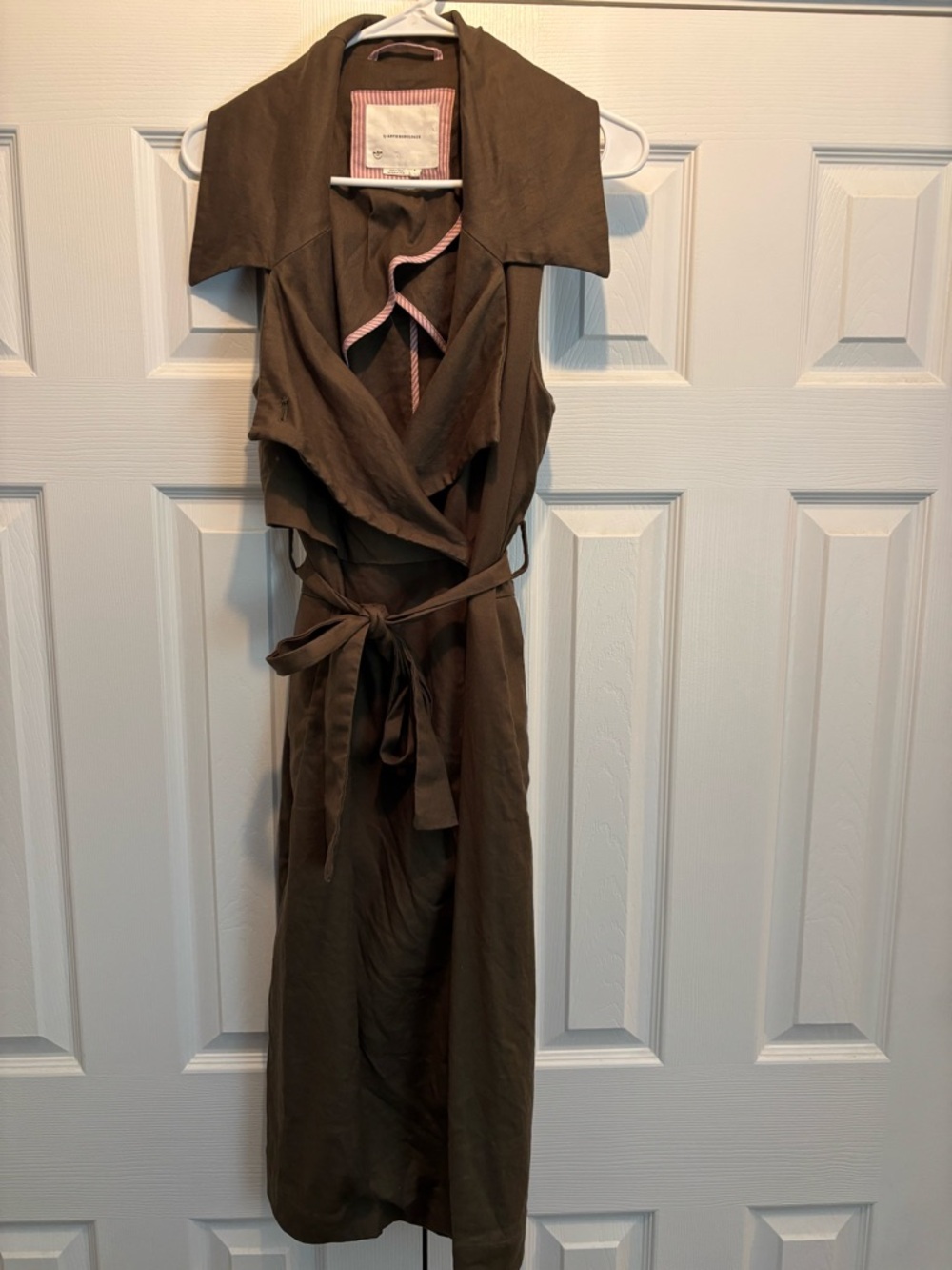 Anthropologie Sleeveless Olive Green Wrap Trench Dress with Tie Belt